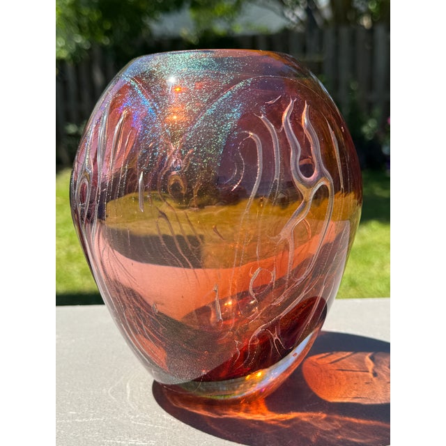 1980s Iridescent Sparkle Air Trap Bubble Vein Art Glass 6.5" Vase Signed '80 For Sale - Image 16 of 18