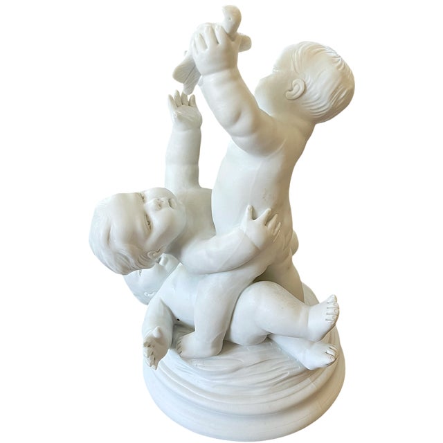 Rococo Antique Edmé Samson Paris White Bisque Porcelain Sculpture of Three Children With a Bird For Sale - Image 3 of 16