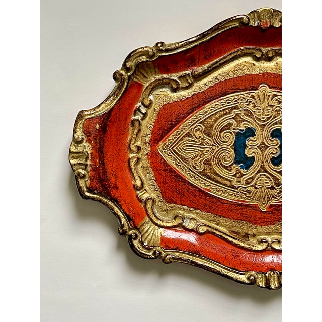 Traditional Vintage Orange & Gold Florentine Style Wooden Tray For Sale - Image 3 of 9