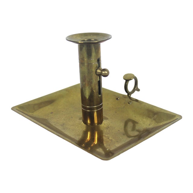 Antique Brass Push Up Chamber Stick Candleholder Adjustable With Patina For Sale