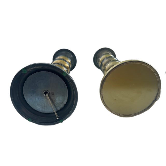 Mid Century Modern Brass Tone Stacked Cylinder Table Lamp- A Pair For Sale - Image 11 of 12