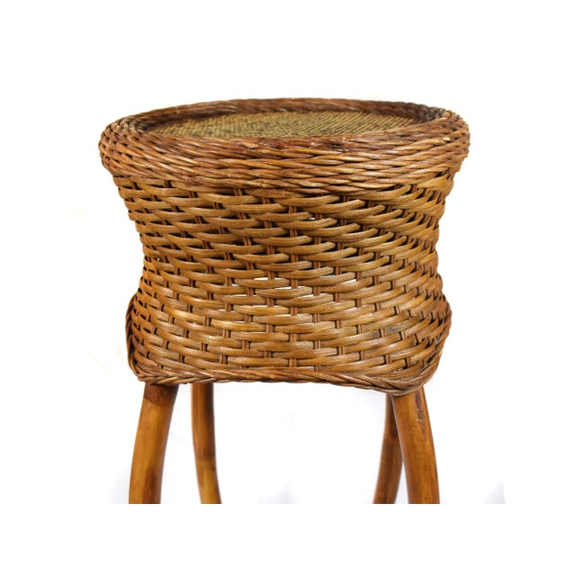 Wood Mid Century Hand Woven Wicker Rattan Bamboo Displaying Plant Stand For Sale - Image 7 of 9