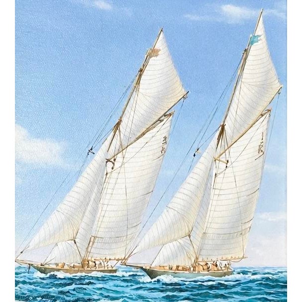 2020s Schooners Cutting Original Sailboat Oil Painting in Custom Gold Frame, 14 X 16" by Matt Thomas For Sale - Image 5 of 8
