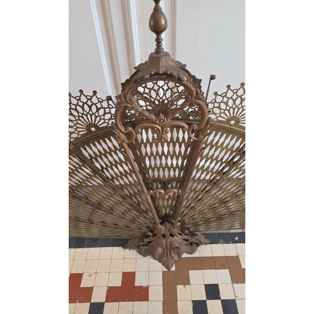 Antique Victorian Brass Fireplace Screen Ornate Folding Fan Peacock Fire Guard Hearth Screen Art Nouveau Home Decor For Sale - Image 10 of 15