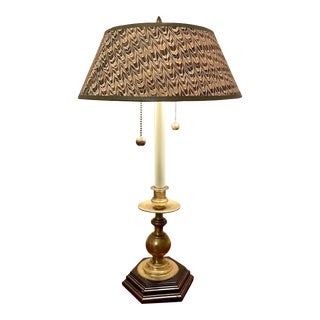 Vintage Marble Shade Brass & Wood Table Lamp, in Brown, Taupe, and Cream For Sale