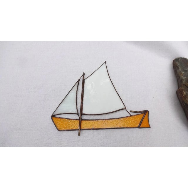 Glass Late 20th Century Stained-Glass Sailboat on Rock For Sale - Image 7 of 11