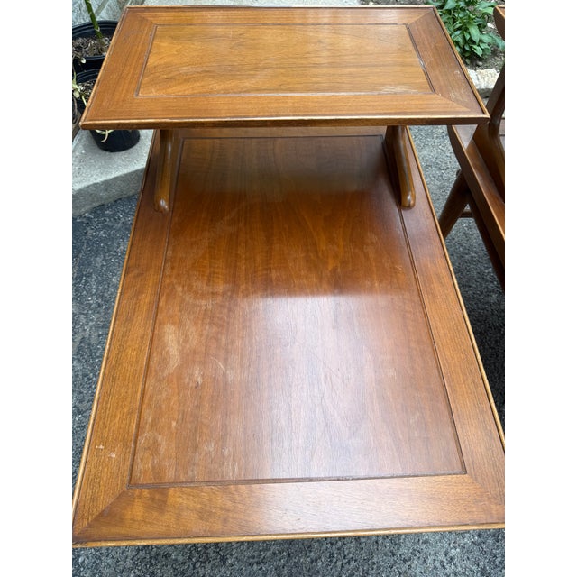 Wood 1950s Lane Altavista Copenhagen Mid Century Modern Two Tier Walnut End Tables For Sale - Image 7 of 10