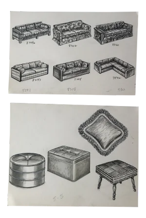 1970s Vintage Furniture Ad Illustrations - A Pair