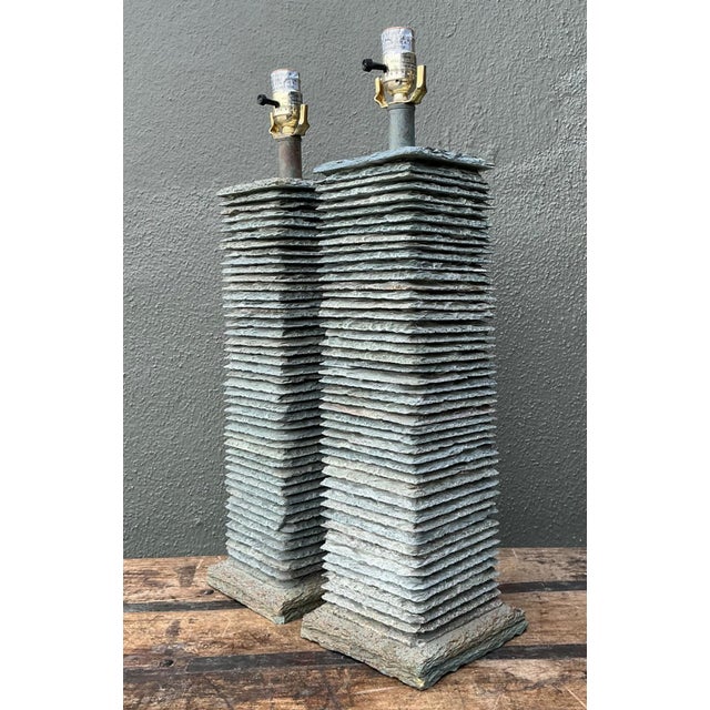 Metal Vintage Stacked Stone Table Lamps - Pair For Sale - Image 7 of 14