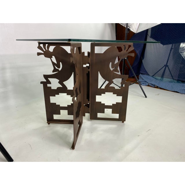 Figurative Native American Influenced Metal Base Glass Top Coffee Table For Sale - Image 3 of 8