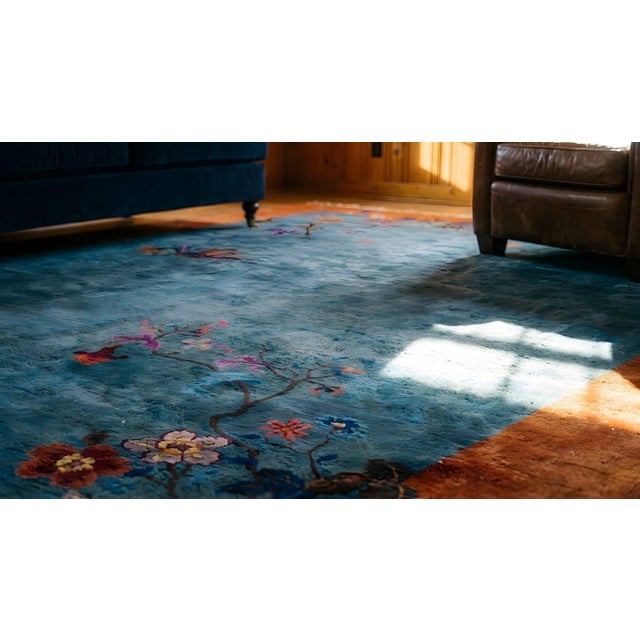 Exceptional Army Green Color Ground With Bits of Chinese Ornament Floral Design Antique Chinese Art Deco Rug For Sale - Image 17 of 18