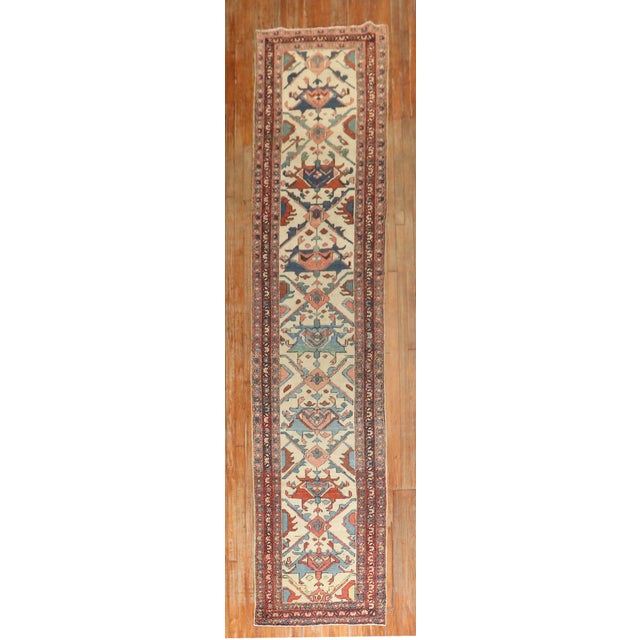 19th Century Ivory Tribal Heriz Serapi Runner - 2'10" x 13'1" For Sale - Image 9 of 12