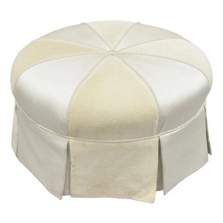 Decorator Modern Beige Upholstered Button Tufted Skirted 35" Round Ottoman For Sale