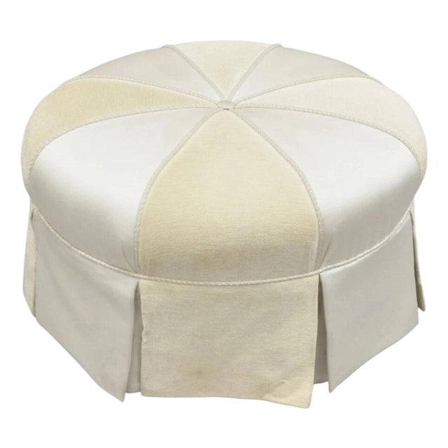 Decorator Modern Beige Upholstered Button Tufted Skirted 35" Round Ottoman For Sale