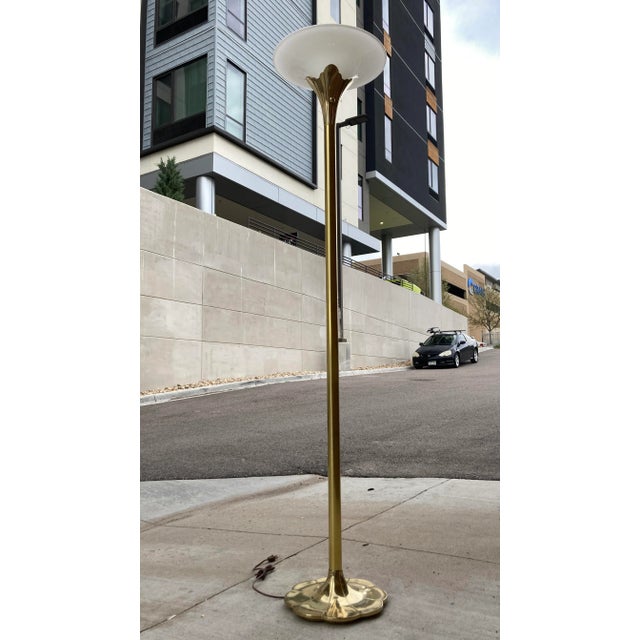 Stiffel Modernist Solid Brass Tulip Torchiere Floor Lamp Milk Glass Diffuser by the Stiffel Company For Sale - Image 4 of 13