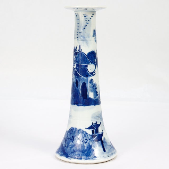 Set of 4 Chinese Export Blue & White Canton Porcelain Candlesticks For Sale - Image 9 of 18