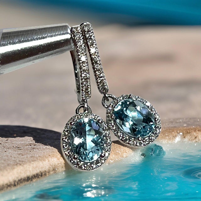 Blue Natural Aquamarine Diamond Dangle Earrings 14k W Gold 2.55 TCW Certified For Sale - Image 8 of 12