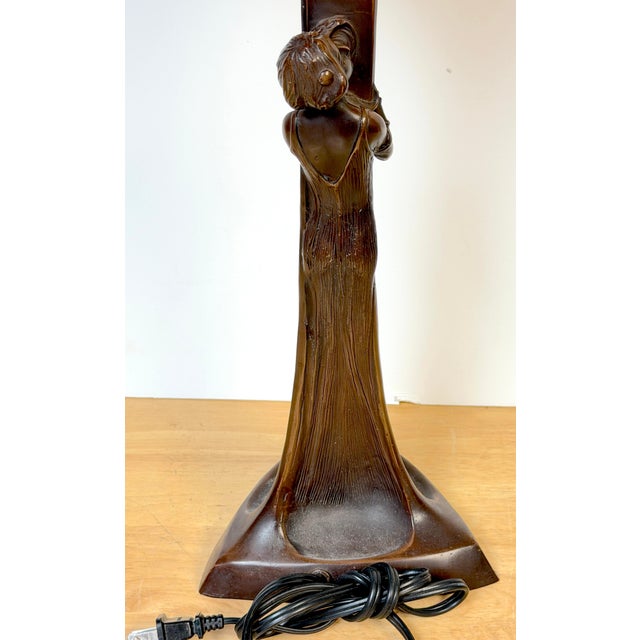 Art Nouveau Style Figural Bronze Lamp Loetz Style Orange Art Glass Shade, 20th C For Sale - Image 15 of 18