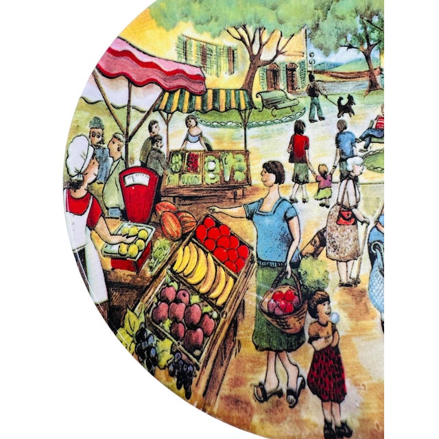 Yellow 1980s Vintage Brunelli Designs Made in Italy Folk Art Market Scene Ceramic Salad Plates - Set of 6 For Sale - Image 8 of 18