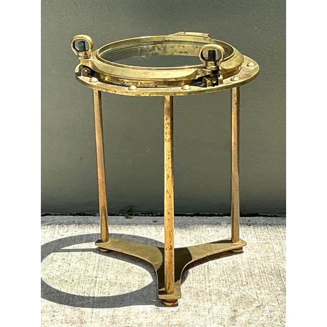 Metal Vintage Brass and Glass Porthole Accent Table For Sale - Image 7 of 12