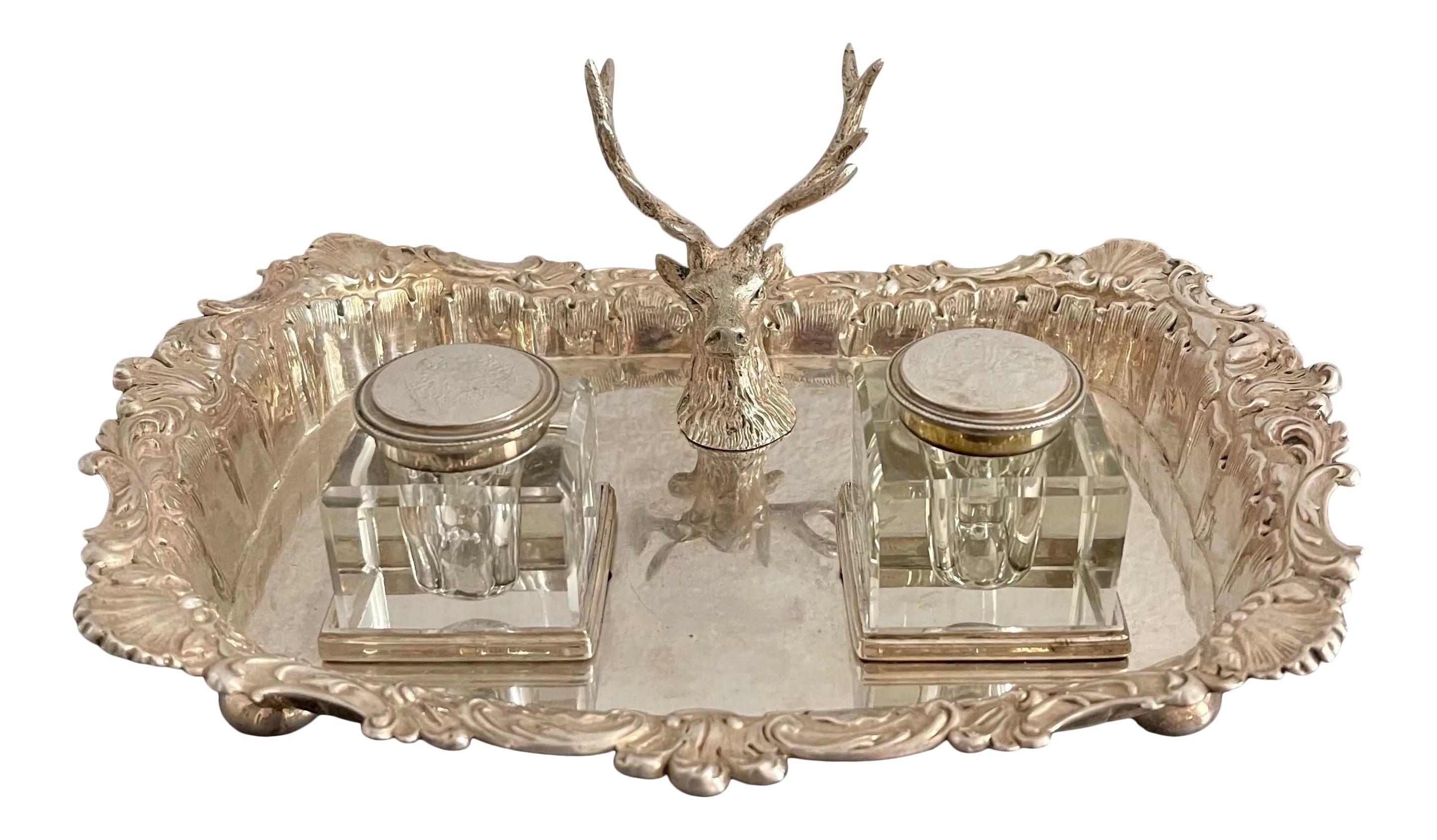 19th Century James Dixon & Sons Silver Plate Stag Deer Inkstand