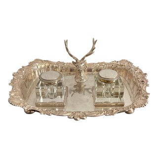 19th Century James Dixon & Sons Silver Plate Stag Deer Inkstand For Sale