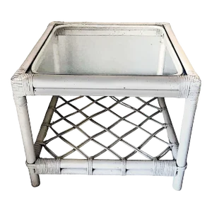 1990s White Rattan Ficks Reed Style Side Table With Latticed Lower Shelf