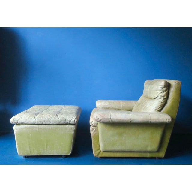 Set of Olive Patchwork Leather Lounge Chair and Ottoman from Laauser, 1970s For Sale - Image 4 of 16