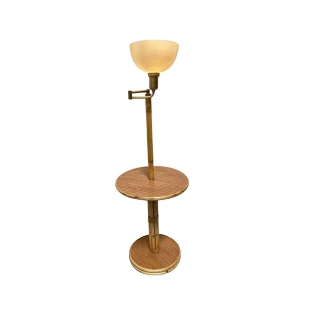Restored Mid Century Rattan Swing Arm Floor Lamp W/ Drink Stand For Sale In Los Angeles - Image 6 of 6