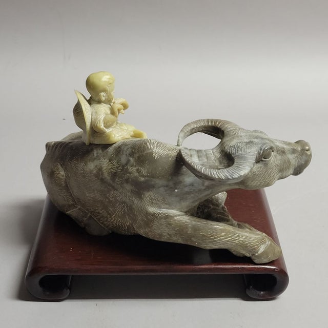 Chinese Stone Statue of Boy Playing Flute on Buffalo Oxen With Stand For Sale - Image 4 of 7