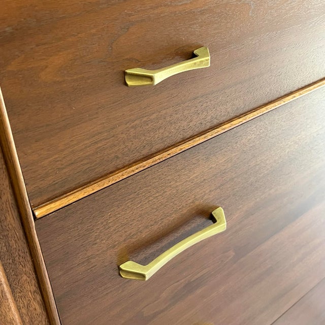 Wood Refinished Mid-Century Modern Stanley Walnut Dresser Highboy Chest of Drawers With Original Brass Hardware For Sale - Image 7 of 12