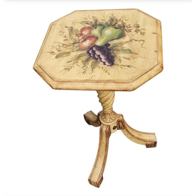 A Modern Decorated Painted Tripod Pedestal Tilt-Top Side Table, painted in antique white/ cream background color with...