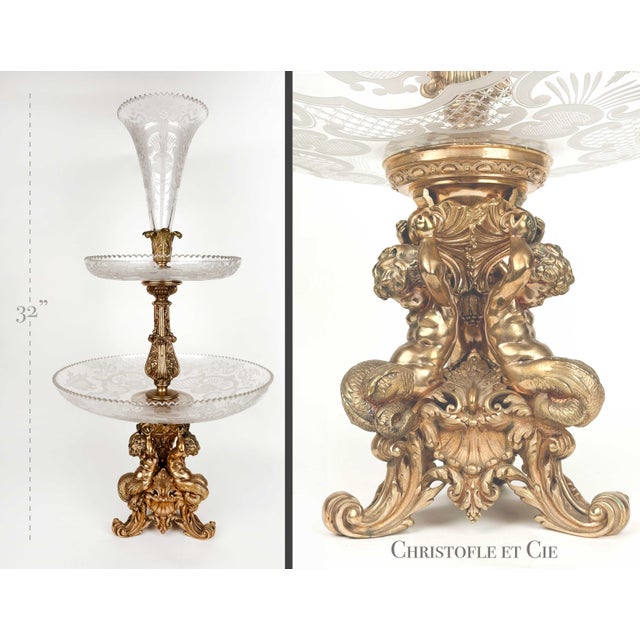 Very Large 19th Century French Gilt Bronze & Cut Crystal Centerpiece By Christofle Et Cie. H: 32in D:17in