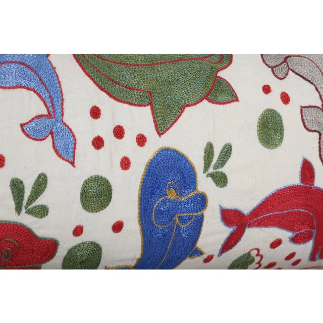 Mid-Century Modern Uzbek Traditional Suzani Fish Design Bedding Pillow Cover For Sale - Image 3 of 5
