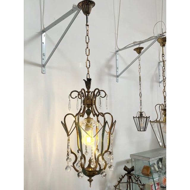 Brass and Green Pendant Light with Cut Crystal Drops, Italy, 1950s For Sale - Image 9 of 17