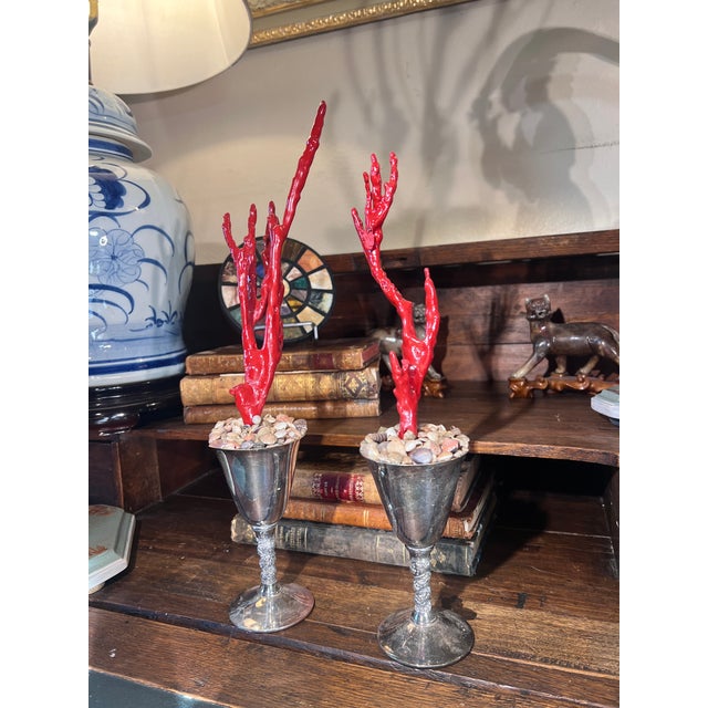A beautiful pair of baroque faux red coral branches on the vintage Spanish baroque style silver plated small goblets with...
