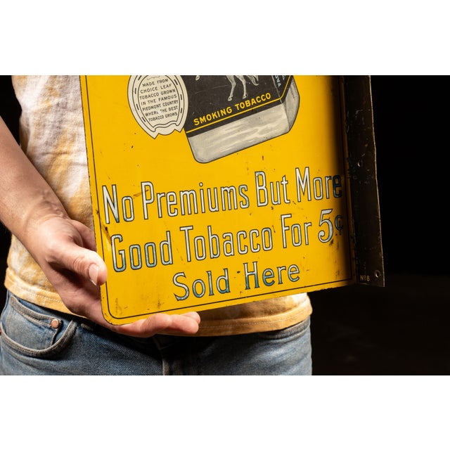 Red Circa 1920 r.j. Reynolds Prince Albert and Stud Double-Sided Tin Sign For Sale - Image 8 of 8