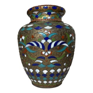 Share Antique 1800's Handmade Japanese Champleve Enameled Bronze Lidded Urn Jar Vase For Sale