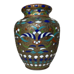 Share Antique 1800's Handmade Japanese Champleve Enameled Bronze Lidded Urn Jar Vase