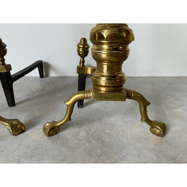 American Pair of Vintage American Brass & Metal Andirons With Claw and Ball Feet For Sale - Image 3 of 12