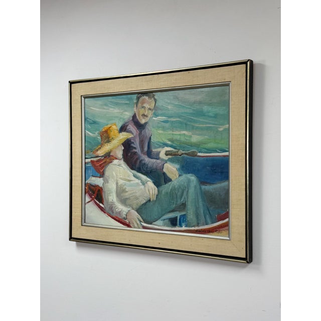 Nautical The Boatman Original Oil Painting Signed m.w. Picchi Couple Boat Nautical Art For Sale - Image 3 of 13