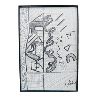 Original Memphis Design Style Black and White Pencil Drawing Signed For Sale