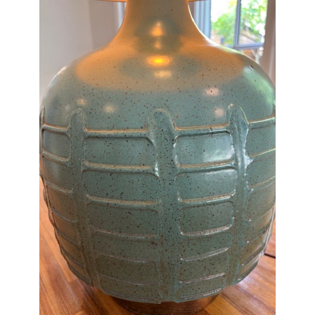 Mid-Century Modern 1960s David Cressey Attributed Teal Stoneware Table Lamp For Sale - Image 3 of 12