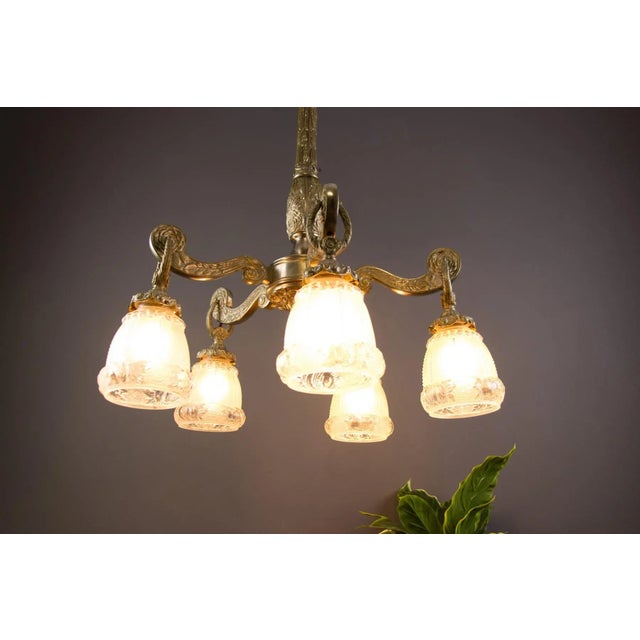 Art Deco Style Bronze and Frosted Glass Floral Chandelier, 1930s For Sale - Image 4 of 18