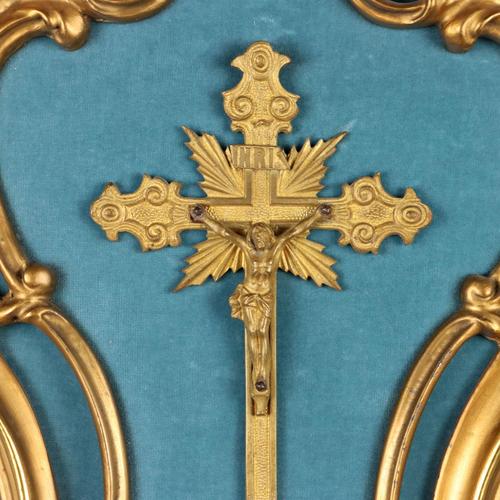 Bronze Crucifix Mounted on Gilded Wooden Holy Water Stoup For Sale - Image 3 of 10