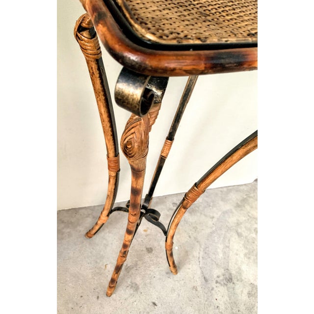 Mediterranean Riviera Hand-Forged Iron, Faux Bamboo, Burnt Rattan Plant Stand, C. 1930s For Sale In Tampa - Image 6 of 12