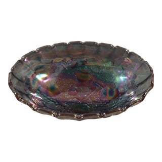 1960s Indiana Fruit Pattern Blue Carnival Glass Footed Compote Bowl For Sale