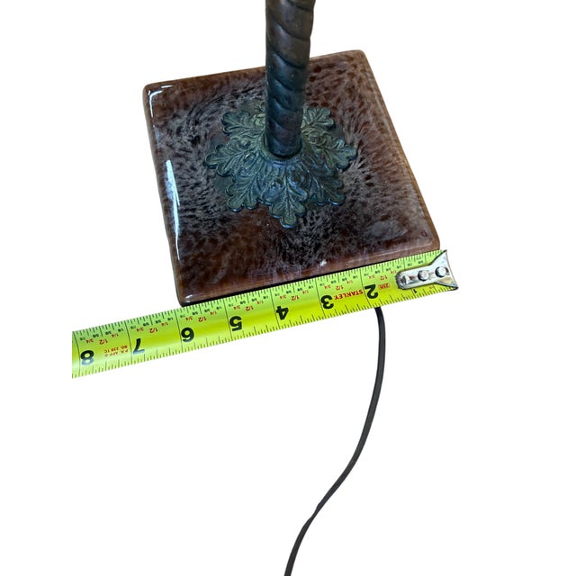 1920s Antique Arts Crafts Copper Desk Lamp Clay Tile Base Ruffle Clam Shell Shade For Sale - Image 5 of 12