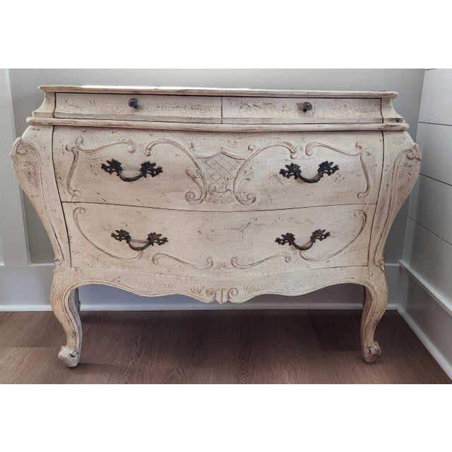 French Provincial Late 20th Century Grand French Provincial Cream Bombé Commodes, Pair For Sale - Image 3 of 16