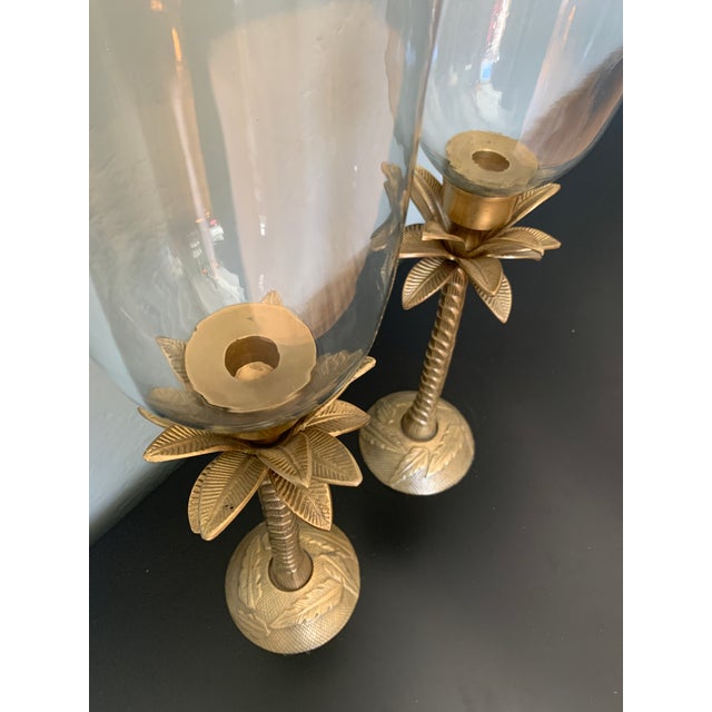 Mid 20th Century Vintage Large Brass Palm Candleholders With Hurricanes- a Pair For Sale - Image 5 of 9